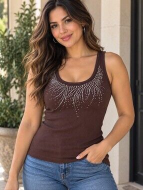 Black Rivet Chocolate Brown Sleeveless Studded Tank Sz L